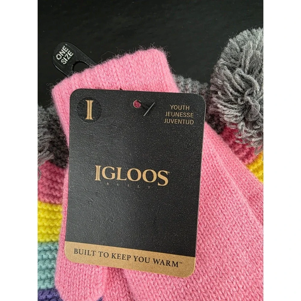 Igloos Youth Girls Rainbow Stripe Beanie and‎ Mittens Set Pink Grey OS NWT